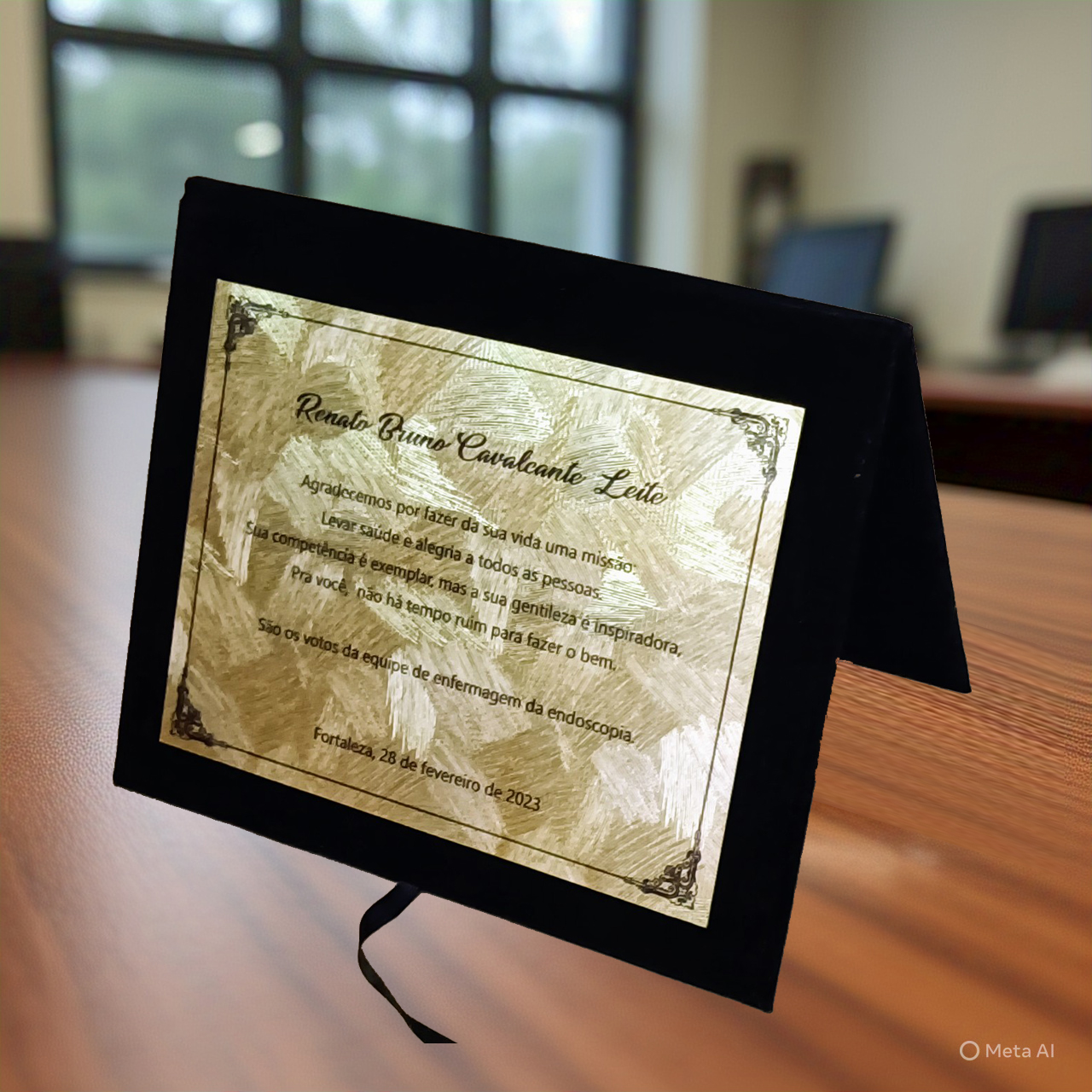 Estojo capa-livro com placa de homenagem dourada